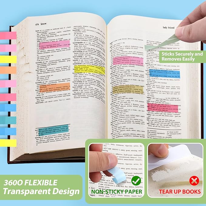 Lysas 1200pcs Page Markers, Morandi Sticky Note Tabs Colored Translucent Writable and Repositionable Book Flags Tabs Strip Index Page Tabs