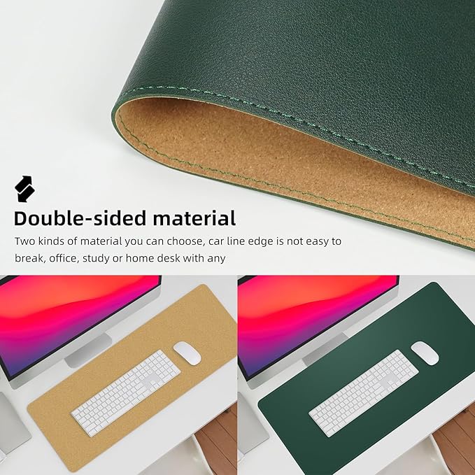 Leather Desk pad Protector, Large Desk mat with Natural Cork & PU Leather,Mouse pad,Non-Slip Office Desk Mat,Waterproof Desk Writing Pad for Office and Home (47in*23in, Dark Green)
