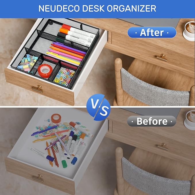 Neudeco Desk Drawer Organizer with 6 Adjustable Dividers, Metal Pen organizer for desk drawer,Mesh Office Desk Drawer Organizer Tray for office supplies (Pack 4, Black)