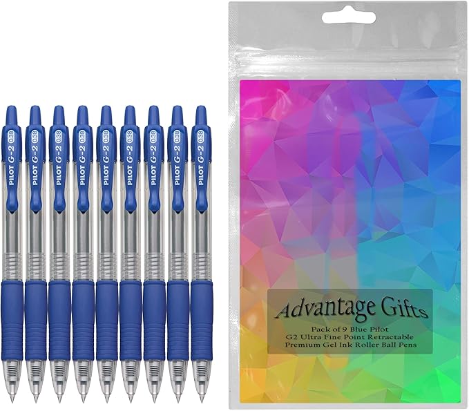 G2 Retractable Premium Gel Ink Roller Ball Pens Ultra Fine Point (.38mm) Blue Ink 9 pack; Refillable & Premium Comfort Grip Bundle with Plastic Reusable Pouch