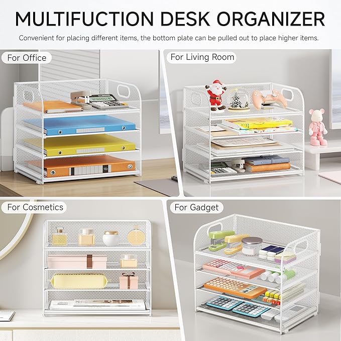 Lavatino Paper Organizer for Desk, 4-Tier Desk Organizer Tray, Mesh Desktop File Organizers with Handle, Office Classroom Organization and Storage-White