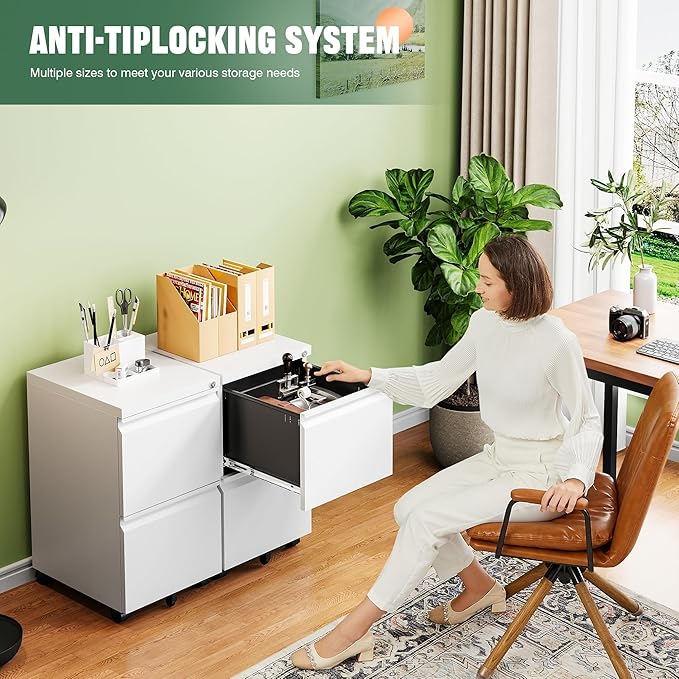 Letaya 2 Drawer Mobile File Cabinet with Lock,Under Desk Metal Filing Cabinets for Home Office Organizer Letters/Legal/A4(Fully Assembled-White)