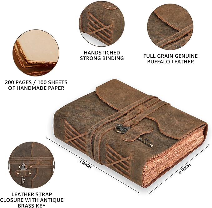 LEATHER VILLAGE Vintage Leather Journal – 200 Handmade Vintage Deckle Edge Paper – Leather bound Journal For Women Men – Vintage Key Closure - Book of Shadows - Chocolate Brown - 8X6 inches (A5)