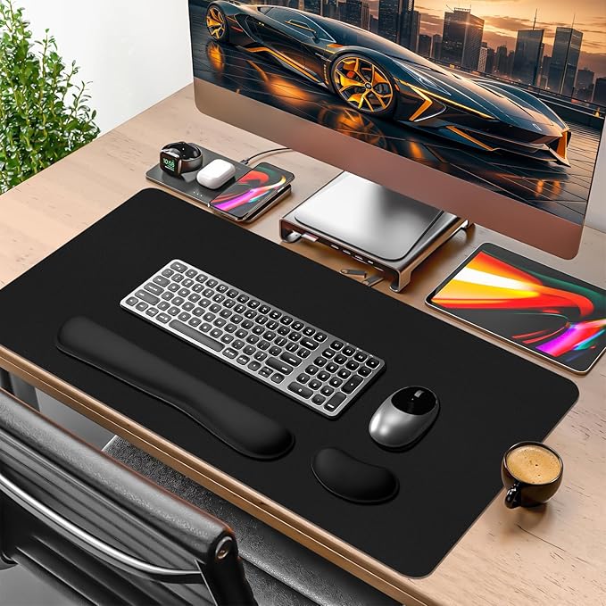 Mouse Pad with Wrist Rest Support, Keyboard Wrist Rest and Mouse Pad Set, Desk Mat for Keyboard and Mouses, Non-Slip Computer Mat Set for Office, Home (31.5×15.7 Inches, Black)