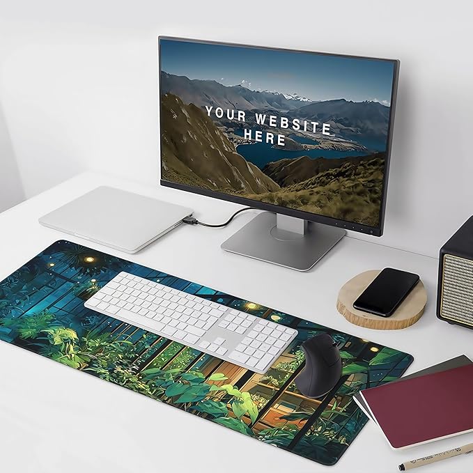 Large Gaming Mouse Pad, Plant Design Desk Mat, 35.4 x 15.8 inches, Green City View Pattern Office Decor Cute Desk Accessories for Women