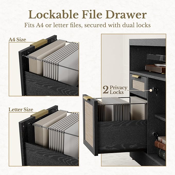 2 Drawer File Cabinet with Lock, 63'' Wood Lateral File Cabinet, Compatible Letter and A4 Size, Rattan Filing Cabinet for Home Office with AC/USB, Adjustable Storage Shelves, Black