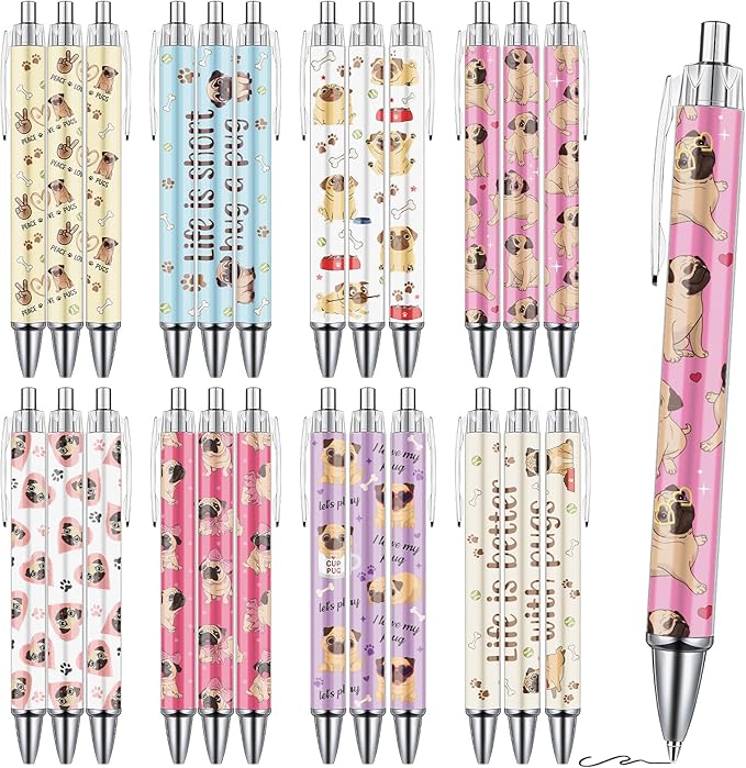 Pug Dog Ballpoint Pens Gifts 24 Pcs Cartoon Puppy Pen Set Animal Retractable Smooth Writing Ballpoint Pen Gift for Women Men Dog Lovers Teen Office Teacher Students Party Supplies