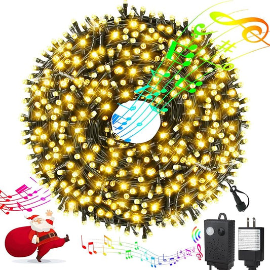 Music Motion Sensor Christmas String Lights 105ft 300 LED, Warm White Christmas Tree Light，End to End Plug In 6 Modes Christma s Lights, Waterproof for Indoor Outdoor Tree Party Yard Room Decor