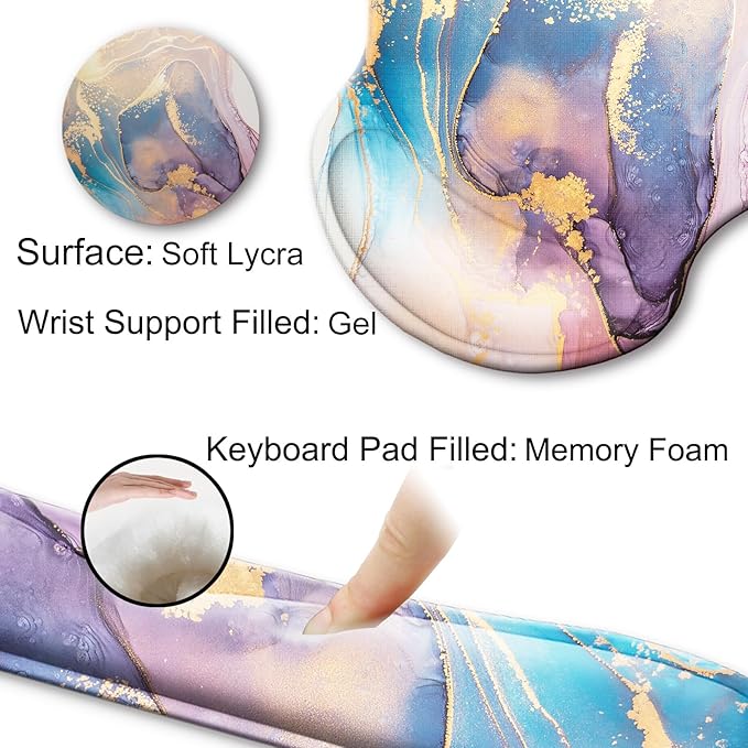 Mouse Pad and Keyboard Wrist Rest Support, with Non-Slip PU Base,Gel Mouse Pad with Coaster,Pain Relief for Gaming, Computer,Office -Marble 2