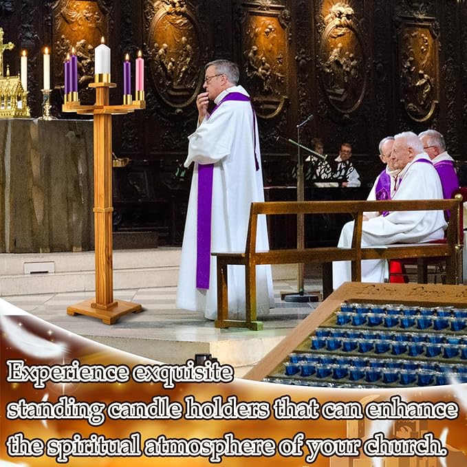 Mumufy 48 Inch Tall Advent Church Stand Candleholder Set of 5 Purple Pink White Candles Wood Nativity Candle Stand with Metal Arch Christmas Candlestick Holder for Christmas Church Holy(Natural Wood)