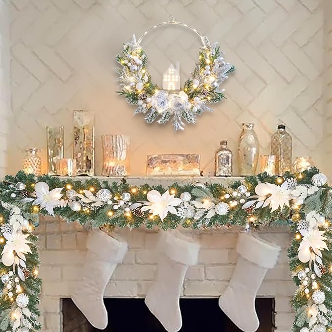 Lighted Christmas Garland for Mantle,Fireplace,Stairs, Garland for Front Door Pre-lit 6 feet Winter White Silver Poinsettia Garland with 25 LED Lights,Timer & Battery Operated.in/Out Door Decor