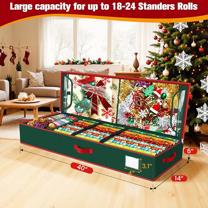 Wrapping Paper Organizer Storage, Christmas Wrapping Paper Storage for Christmas Decorations, Ribbon, Accessories, Underbed Gift Wrap Container with Flexible Partition, Interior Pockets(Green)