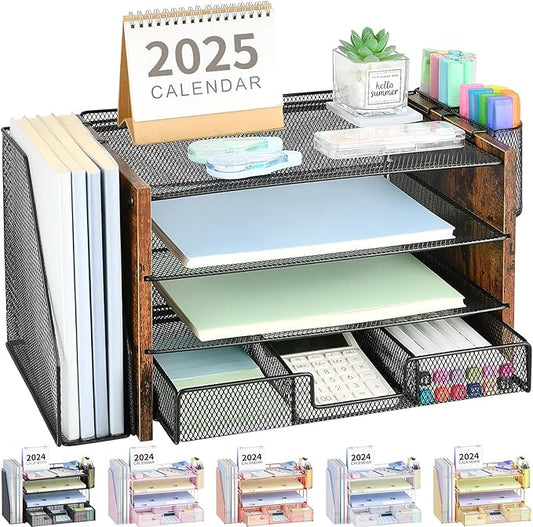 OPNICE Desk Organizer and Accessories, 4-Tier Desktop File Organizer with Drawer and 2 Pen Holders, Office Desk Accessories for Office Supplies(Wood)