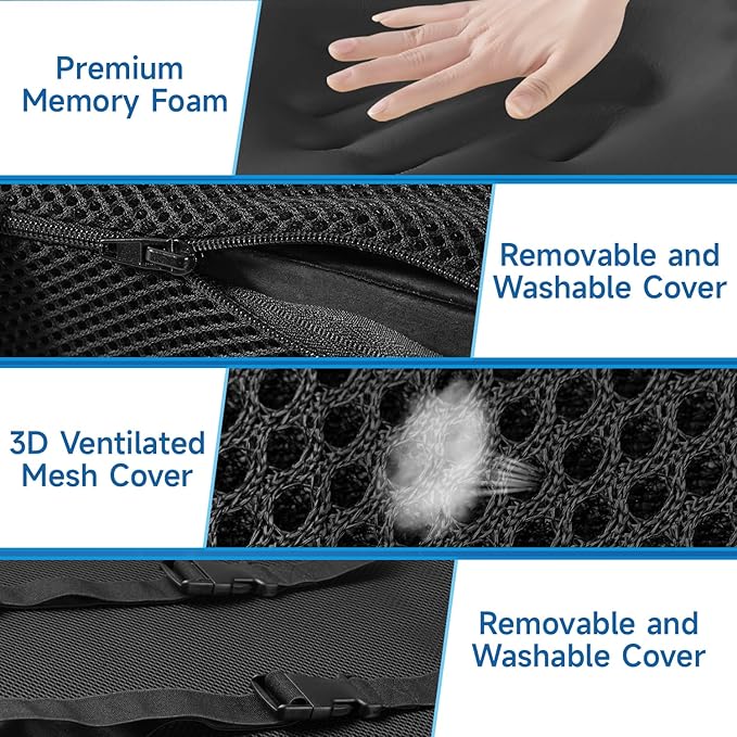 Lumbar Support Pillow for Office Chair, College Dorm Room Essentials, Memory Foam, Lower Back Support for Car, Back Pain Relief, Back Cushion for Chair with Adjustable Strap and Mesh Washable Cover