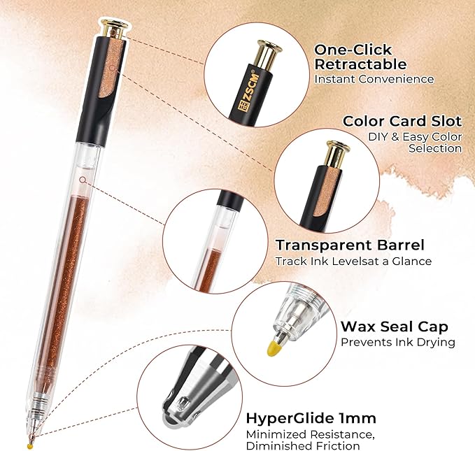 Retractable Glitter Gel Pens, 12 Colors Large Capacity Skin Tone Glitter Metallic Gel Ink Pens, 1 mm Fine Point Smooth Writing Color Pens for Adult Coloring Book Note Taking Aesthetic Art Supplies