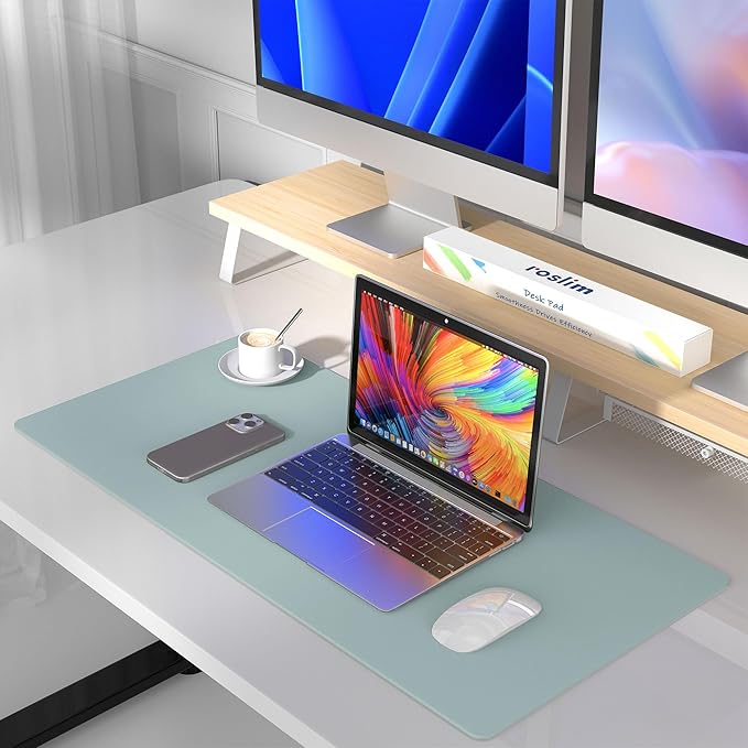 Mouse Pad Desk Protector Mat, Large PU Leather Office Desk Mat, Non-Slip Desk Pad for Keyboard and Mouse, Waterproof Desk Blotter Pad for Writing, Smooth Laptop Desk Pads, Light Teal (13.7''X23.6'')