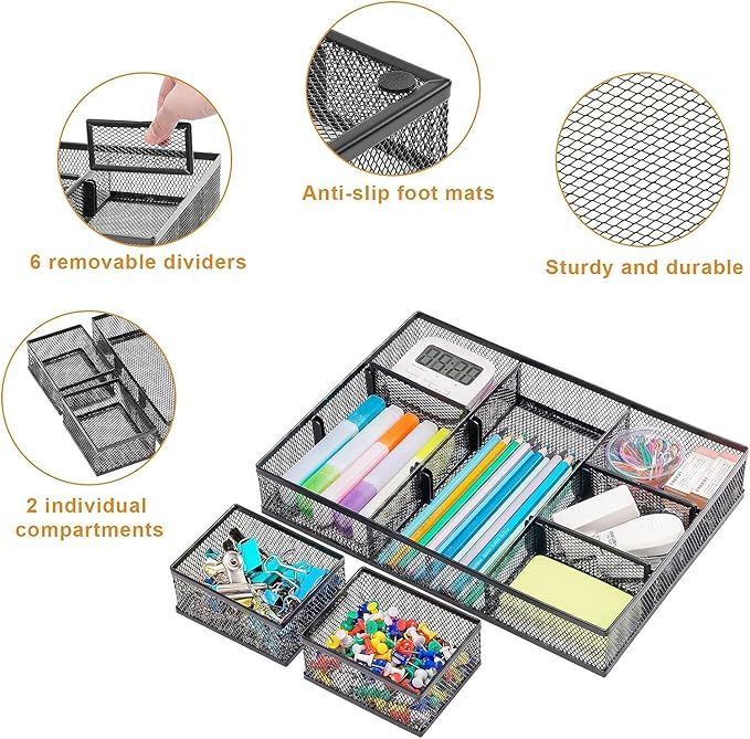 Marbrasse 3 Pack Desk Drawer Organizers with 9 Adjustable Compartments for Makeup, Office Supplies & Accessories (Black)