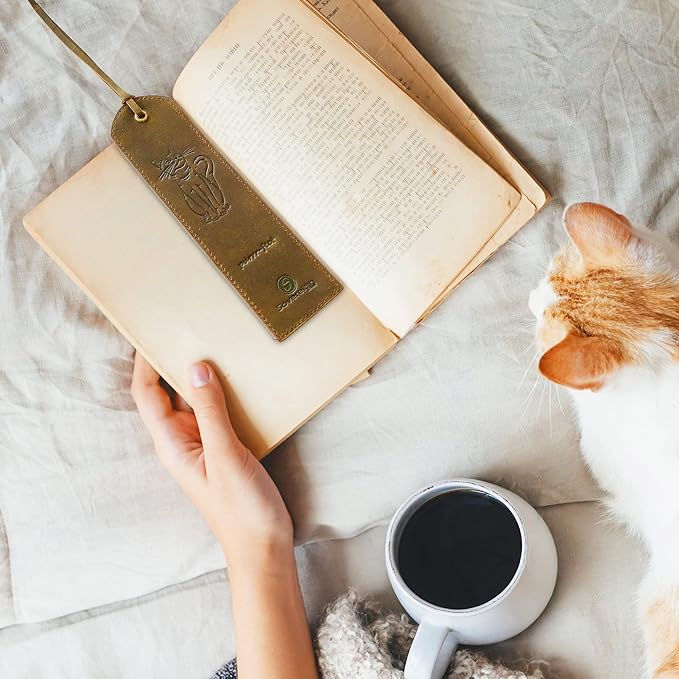 Leather Bookmarks for Men and Women | Quality Mens Bookmark with Cute Cat | 2 Smooth Handmade Leather Book Markers for Men Women Book Lovers Readers (7x2) Leather Gift | Sovereign-Gear