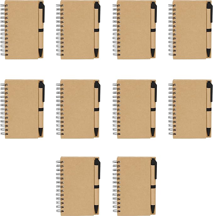 Mini Spiral Notebooks with Black Ink Pens Set of 10, Bulk Pack - Perfect for School, Office, Business, Home - Black