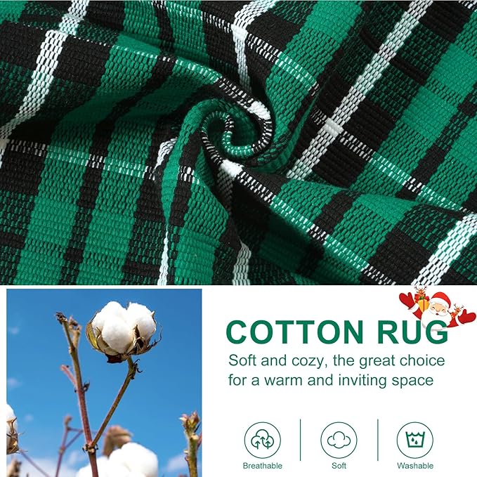 OJIA Christmas Front Door Mat Outdoor 24"x36" Cotton Green Plaid Rug, Washable Front Porch Rug Farmhouse Holiday Doormat Indoor Small Area Rugs for Layered Welcome Mat Kitchen Entrance Bathroom Decor