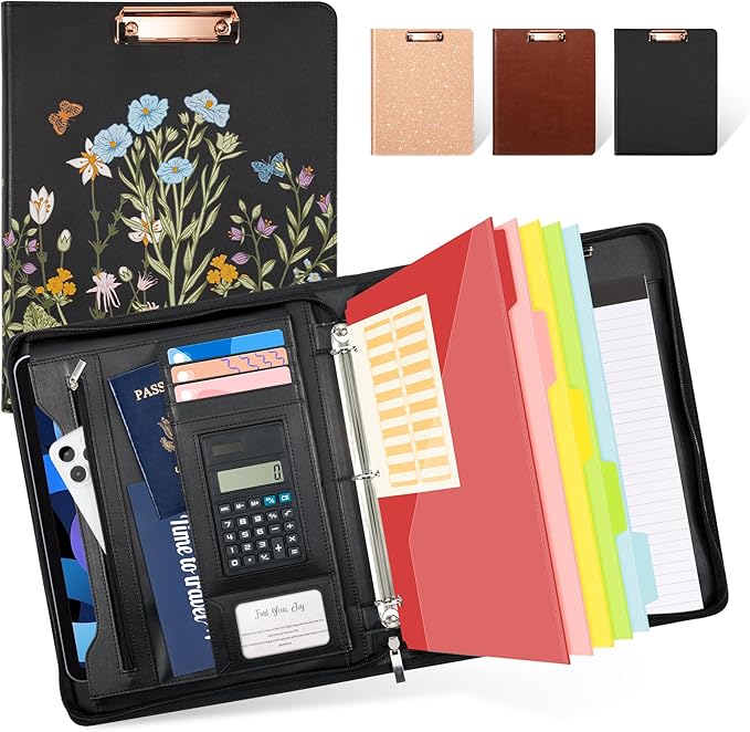 Ospelelf Leather Portfolio Folder with Zipper - 3 Ring Binder with Clipbard - Calculator, 12.1” Tablet Sleeve, 5 Dividers with 10 Pockets, Refillable Notepad, Card Holder (Bushes)