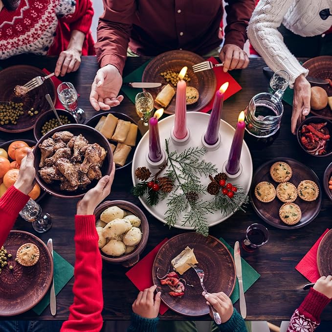 Ceramic Christmas Advent Candles Holder with 12 Taper Candles Candlestick 7.8 Inch Advent Wreath Candleholder Tray for 4 Christmas Table Centerpiece Decorations Holiday Indoor Xmas Home Decor