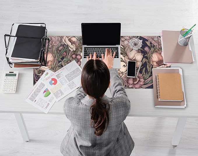 Pastel Purple Floral XL Large Gaming Mouse Pad Pink Flower Forest Desk Mat with Stitched Edges, Non-Slip Rubber Base Mousepad Laptop Computer Keyboard and Mouse Mat 31.5x11.8 in