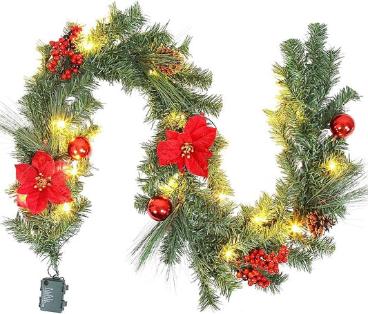LinTimes 6ft Christmas Garland with Lights, Battery Operated Garland Christmas Decoration with Red Poinsettia Pinecones Ball Ornaments, Christmas Mantle Decorations Staircase Fireplace Decor
