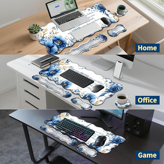 4-Piece XXL Gaming Mouse Pad Set (31.5"x11.8") with Keyboard Wrist Rest,Mouse Wrist Support & Coaster,Ergonomic Non-Slip Desk Mat for Office & Home,Bule Flower Quotes