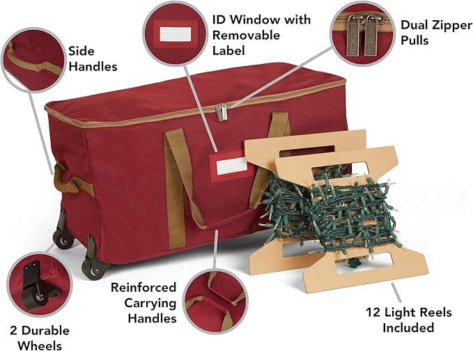 Covermates Keepsakes Rolling Christmas Light Storage Bag - Carrying Handles, ID Window, Dual Wheels - Holiday Storage, Red