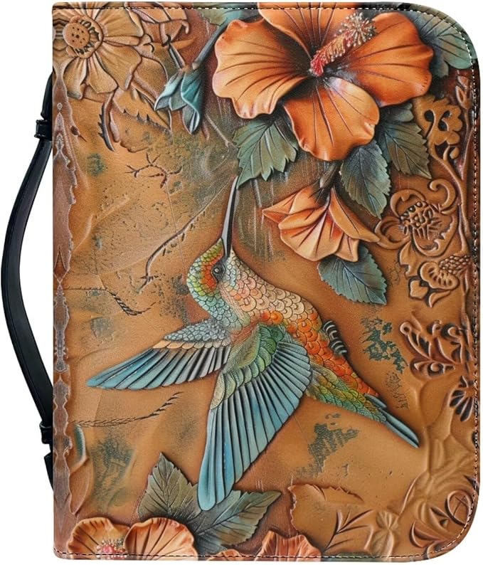 Lotusorchid Large Faux Leather Bible Cover, Hummingbird Bible Cover Case for Women with Handle Pocket, Hibiscus Bible Book Carrying Bags Bible Tote Bag, Bible Study Accessories, Orange, L