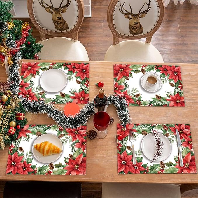 50 Pack Christmas Velvet Poinsettia Paper Placemats,16x 11 Inch Red Poinsettia Flower Disposable Placemats Poinsettia Golden Table Mats for Kitchen Dining Winter Holiday Christmas Party