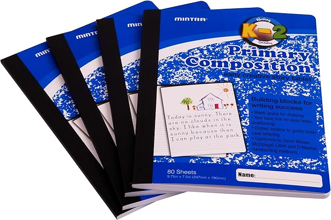 Mintra Primary Composition Notebook, 4 Pack, Blue Cover, 80 Sheets, 7.5in x 9.75in, 1/2 Sheet, Ruled with Drawing Area, Flexible Hardcover Journal , Grades K-2, School & Home Use