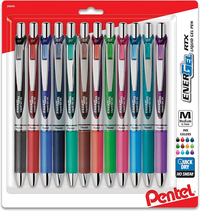 Pentel® EnerGel™ RTX Retractable Liquid Gel Pens, Medium Point, 0.7 mm, Assorted Colors, Pack Of 12 Pens