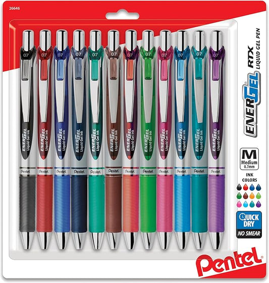 Pentel® EnerGel™ RTX Retractable Liquid Gel Pens, Medium Point, 0.7 mm, Assorted Colors, Pack Of 12 Pens