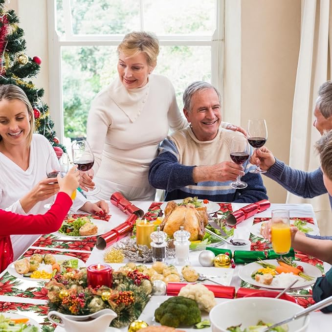 50 Pack Christmas Velvet Poinsettia Paper Placemats,16x 11 Inch Red Poinsettia Flower Disposable Placemats Poinsettia Golden Table Mats for Kitchen Dining Winter Holiday Christmas Party