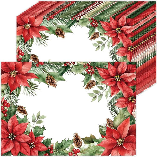 50 Pack Christmas Velvet Poinsettia Paper Placemats,16x 11 Inch Red Poinsettia Flower Disposable Placemats Poinsettia Golden Table Mats for Kitchen Dining Winter Holiday Christmas Party