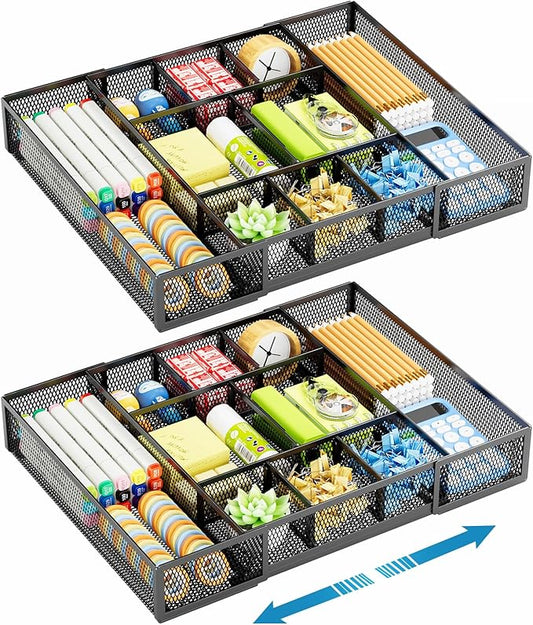 Marbrasse Expandable Desk Drawer Organizer, Mesh Drawer Organizer Tray with 10 Adjustable Compartments, Desk Organizers and Accessories for Office Supplies, Makeup & Vanity (Expandable Black-2 pack)