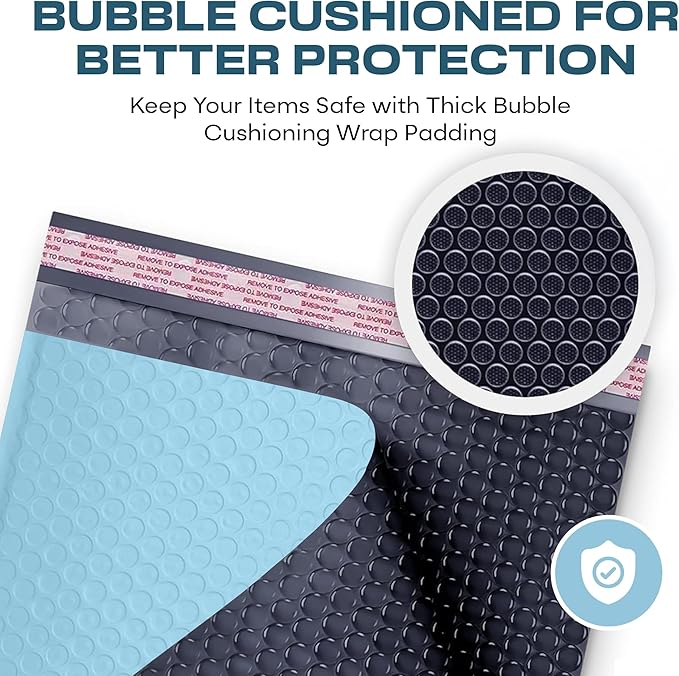 Light Blue 12.5x19.5 Inch Large Poly Bubble Mailers #6 | Padded Envelopes with Self Seal | Air Lined Cushioned Bubble Mailer | Usable Size 12.5x15 | 100 Pack Bulk | Lightweight shipping Bags