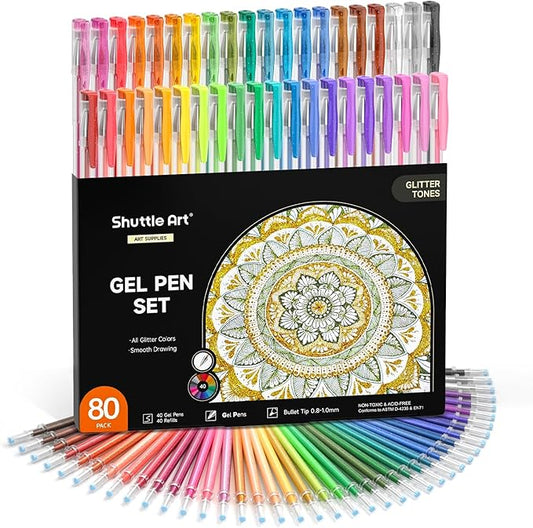 Shuttle Art 80 Pack Glitter Gel Pens, 40 Colors Glitter Gel Pens Set with 40 Refills for Adults Coloring Books Drawing Crafts Scrapbooking Journaling