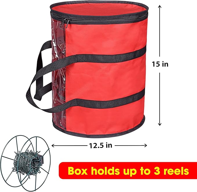 ProPik Christmas Light Storage Bag | Holiday Light Storage Organizer with 3 Metal Reels for Tree Lights & Extension Cords Constructed of Durable 600D Oxford Material with Clear PVC Window (Red)