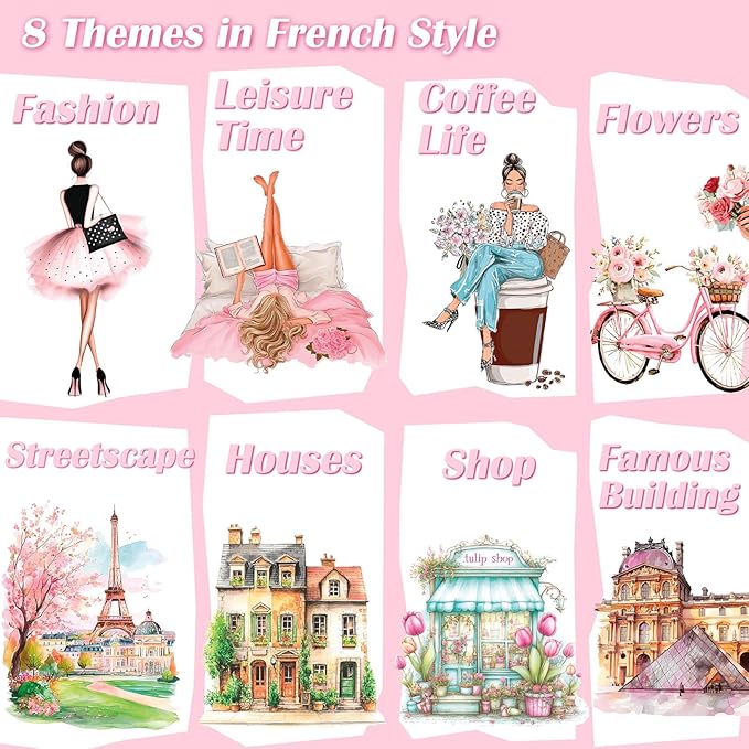 Paris Journaling Sticker Set, 18 Sheets PET Junk Journal Stickers, Pink French Theme Scrapbook Supplies, Transparent Watercolor Scrapbooking Materials, People Women Arts Craft