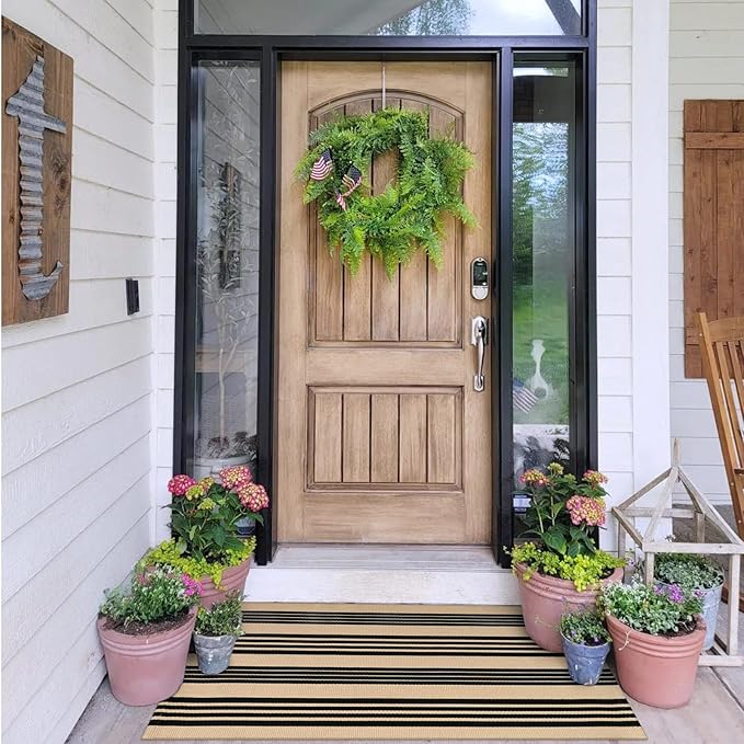 OJIA Outdoor Door Mat 27.5"x43", Black and Tan Outdoor Rugs Cotton Hand-Woven Front Door Rug Machine Washable Door Mats Striped Entry Rug for Front Porch/Farmhouse/Kitchen/Entryway/Outdoor Decor