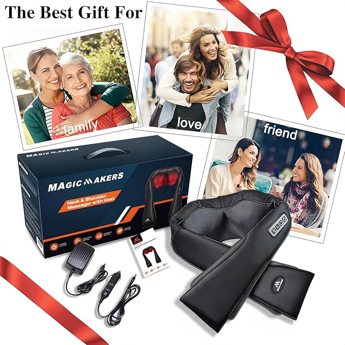 MagicMakers Electric Shiatsu Neck Massager with Heat - Pain Relief for Back, Shoulders & Feet - Gift for Men, Women, Mom & Dad - From Daughter or Son - Ideal for Christmas, Mother's Day & Father's Day