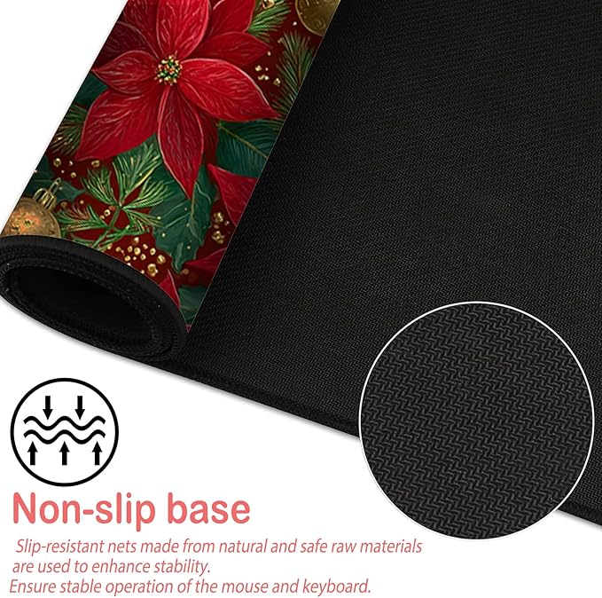 Nuxovilar Professional Large Mouse Pad & Computer Game Mouse Mat (35.4x15.7IN, Christmas Poinsettia & Gold Ornaments) (90 * 40cm Christmas Theme)