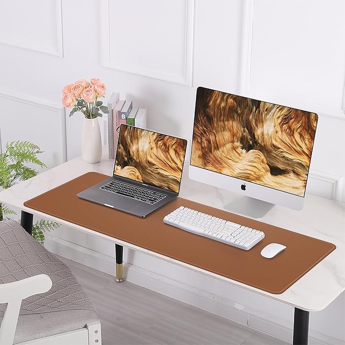Leather Desk pad Protector, Large Desk mat with Natural Cork & PU Leather,Mouse pad,Non-Slip Office Desk Mat,Waterproof Desk Writing Pad for Office and Home (47in*17in, Brown)
