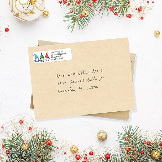 Watercolor Gnome Trio Rolled Address Labels / 250 Personalized Return Address Labels/Designer Address Stickers in Elegant Plastic Dispenser