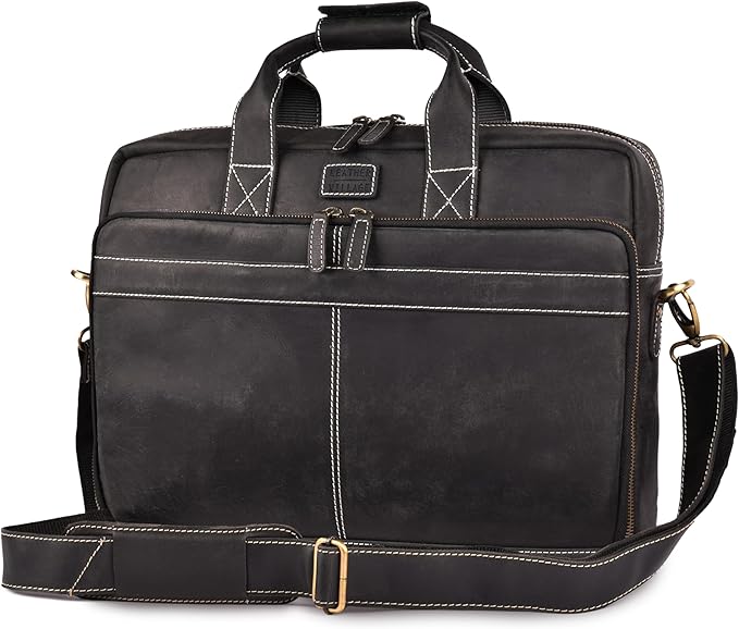 LEATHER VILLAGE 16" Leather Laptop Messenger Briefcase Bag for Men-Leather Satchel for Travel and Office Shoulder Bag-Black