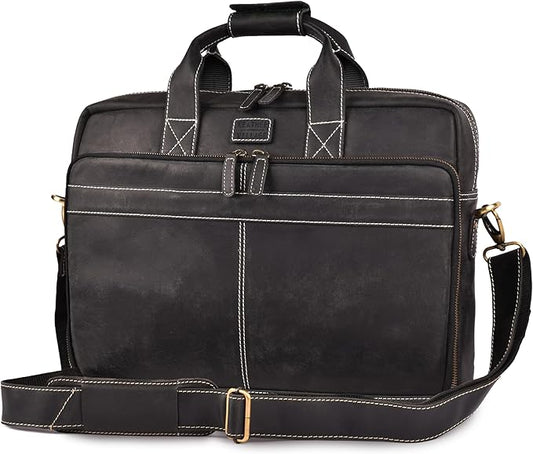 LEATHER VILLAGE 16" Leather Laptop Messenger Briefcase Bag for Men-Leather Satchel for Travel and Office Shoulder Bag-Black