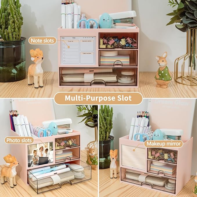Multi-Functional Desk Organizer with 3 Drawer and 8 Compartments, Pink